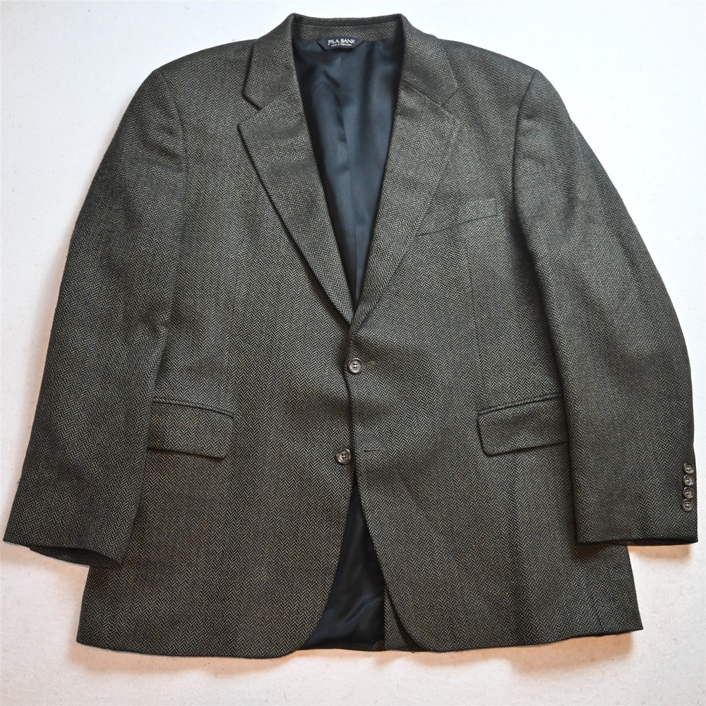 Jos A Bank 44R Green Herringbone Silk Wool Tweed Mens Blazer Jacket Sport Coat